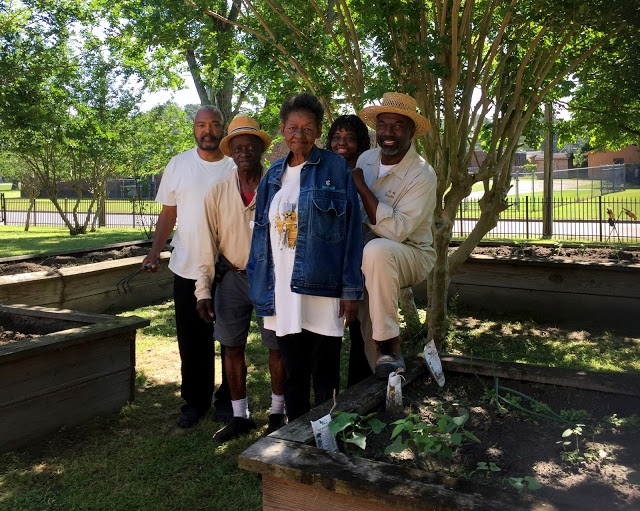 Photo of community garden and volunteers 